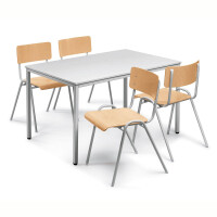 SET: 1 Tisch, 4 Stapelstühle Holz, Lichtgrau, Gestell Lichtgrau RAL 7035, Tischgröße B 1600 x T 800 mm