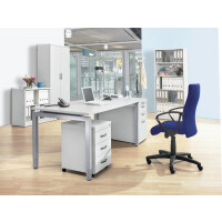 Schreibtisch 4-Fuß Comfort MULTI M, Lichtgrau/Alusilber RAL 9006, Rechteck, B1600 x T800 x H620-820