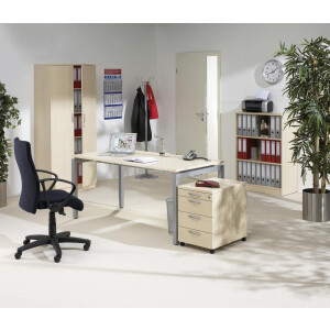 Schreibtisch 4-Fuß Comfort MULTI M, Ahorndekor/Alusilber RAL 9006, Rechteck, B1600 x T800 x H620-820