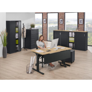 Elektrisch Höhenverstellbarer Schreibtisch, MULTI M pro, Buchedekor/Schwarz RAL 9005, Rechteck, B1200 x T800 x H650-1250