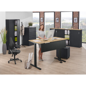 Elektrisch Höhenverstellbarer Schreibtisch, MULTI M pro, Buchedekor/Schwarz RAL 9005, Rechteck, B1600 x T800 x H650-1250