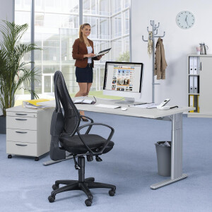 Schreibtisch Comfort M MULTI M, Lichtgrau/Alusilber RAL 9006, Rechteck, B1200 x T800 x H640-840