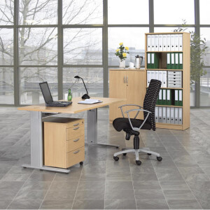 Schreibtisch Comfort M MULTI M, Buchedekor/Alusilber RAL 9006, Rechteck, B1800 x T800 x H640-840