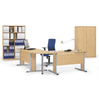 Schreibtisch Basic MULTI M, Buchedekor/Alusilber RAL 9006, Rechteck, B1600 x T800 x H740