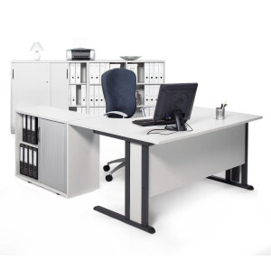 Schreibtisch Freiform Basic M, Lichtgrau/Anthrazit RAL 7016, Freiform linksseitig, B1600 x T1050 x H740