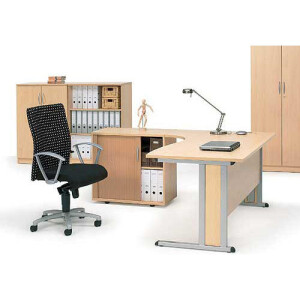 Schreibtisch Freiform Basic M, Ahorndekor/Alusilber RAL 9006, Freiform rechtsseitig, B1600 x T1050 x H740