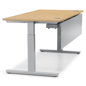 Schreibtisch T-Fuß MULTI M, Buchedekor/Alusilber RAL 9006, Rechteck, B1600 x T800 x H650-850