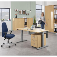 Schreibtisch T-Fuß MULTI M, Buchedekor/Alusilber RAL 9006, Rechteck, B1600 x T800 x H650-850