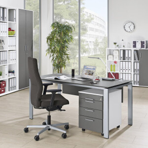 Schreibtisch 4-Fuß Basic EVO, Anthrazit/Alusilber RAL 9006, Rechteck, B1600 x T800 x H730