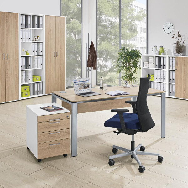 Schreibtisch 4-Fuß Comfort EVO, Wildeiche/Alusilber RAL 9006, Rechteck, B1600 x T800 x H730-855