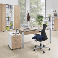 Schreibtisch 4-Fuß Comfort EVO, Wildeiche/Alusilber RAL 9006, Rechteck, B2000 x T800 x H730-855