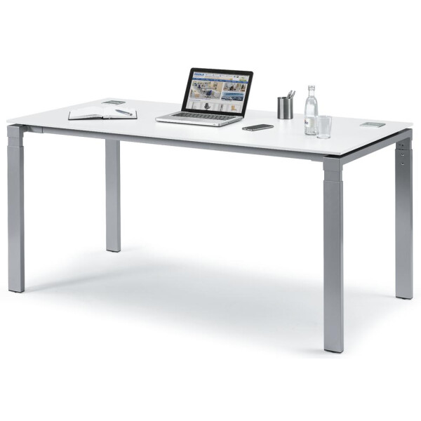 Schreibtisch 4-Fuß Comfort EVO, Weiß/Alusilber RAL 9006, Rechteck, B1800 x T800 x H730-855